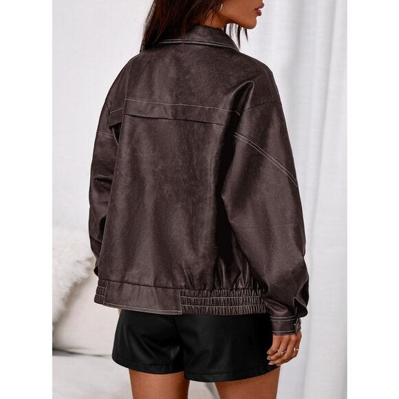 Women's Dark Brown Faux Leather Jacket with Button Details and Relaxed Fit - Picture 4 of 8